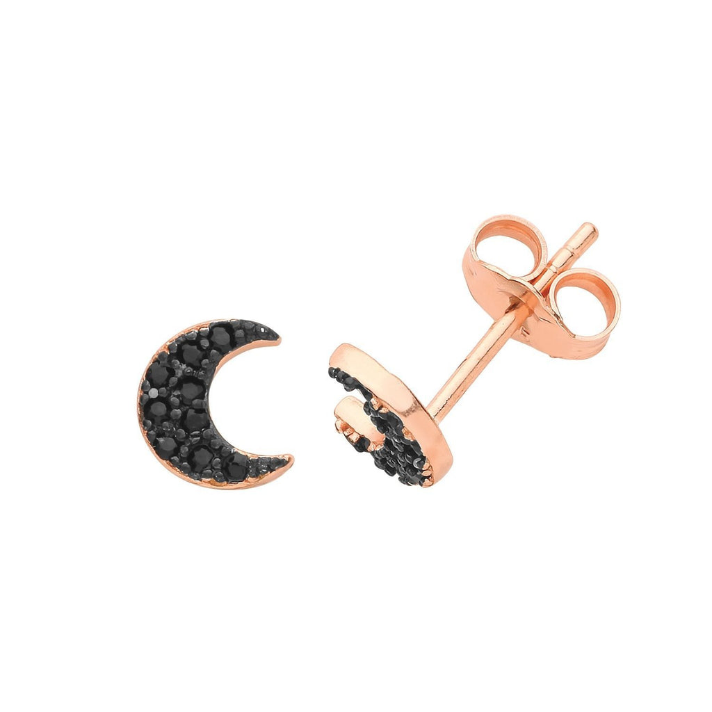 Sterling Silver Rose Gold Moon Stud Earrings with Black CZ - NiaYou Jewellery