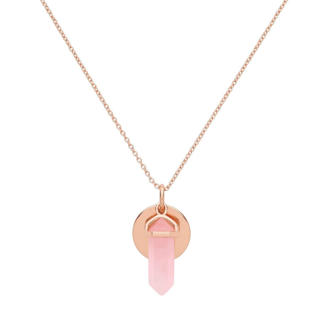 Sterling Silver Rose Gold Necklace with Disc Pendant and Rose Quartz Wand - NiaYou Jewellery