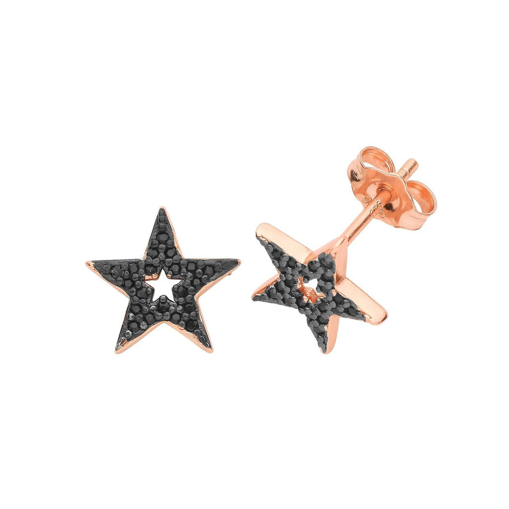 Sterling Silver Rose Gold Star Stud Earrings with Black CZ - NiaYou Jewellery
