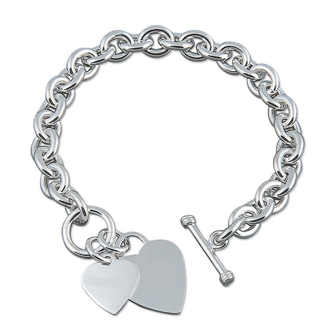Sterling Silver T-Bar Bracelet with Double Heart 21 cm - NiaYou Jewellery