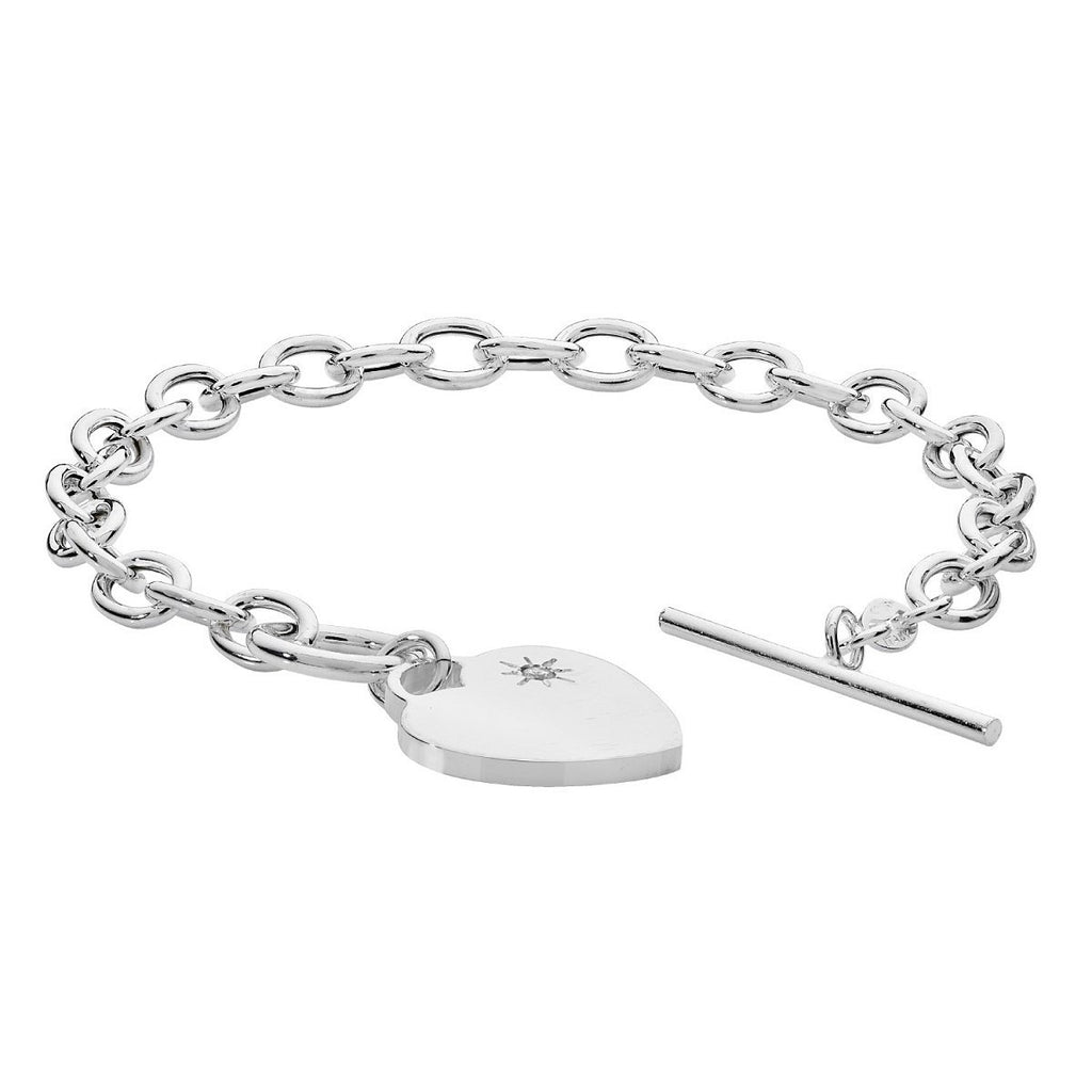 Sterling Silver T- Bar Bracelet with Heart and Cubic Zirconia - NiaYou Jewellery