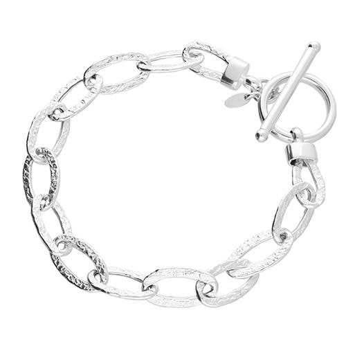 Sterling Silver T- Bar Bracelet with Textured Hammered Oval Links - NiaYou Jewellery
