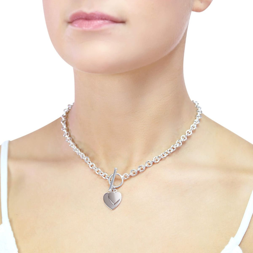 Sterling Silver T-Bar Necklace with Double Heart 41 and 46 cm - Free Engraving - NiaYou Jewellery