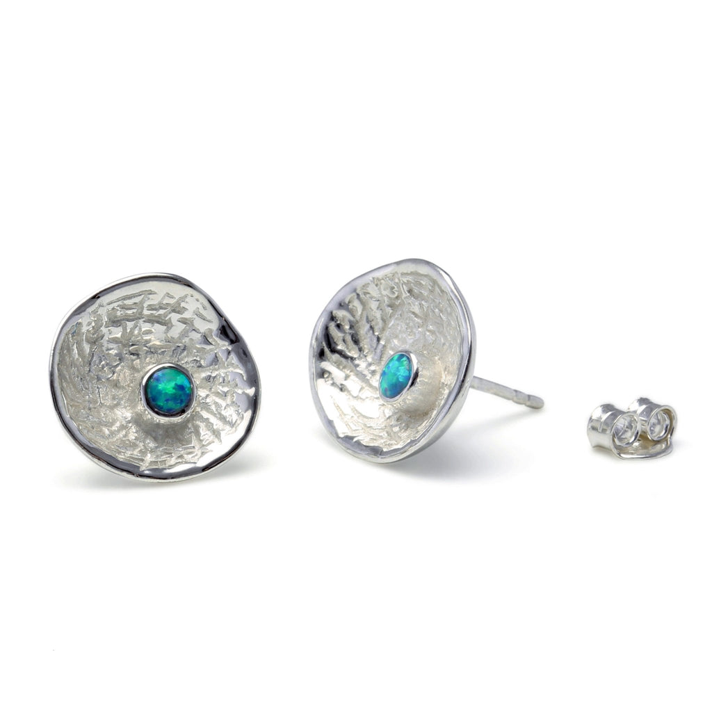 Sterling Silver Textured Concave Opal Stud Earrings - NiaYou Jewellery