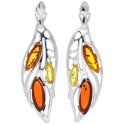 Sterling Silver Three Colour Amber Leaf Drop Earrings - NiaYou Jewellery