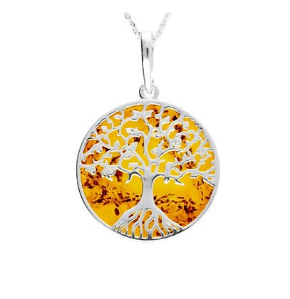 Sterling Silver Tree of Life Amber Medium Round Pendant Necklace - NiaYou Jewellery