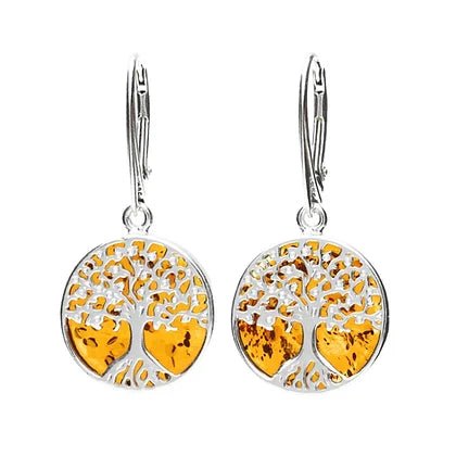 Sterling Silver Tree of Life Amber Round Drop Earrings - NiaYou Jewellery