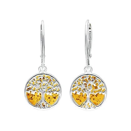 Sterling Silver Tree of Life Amber Small Round Drop Earrings - NiaYou Jewellery