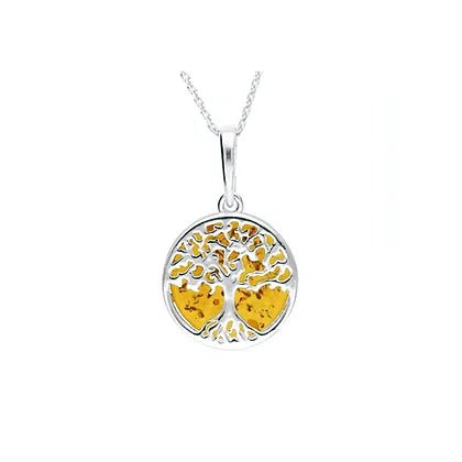 Sterling Silver Tree of Life Amber X Small Round Pendant Necklace - NiaYou Jewellery