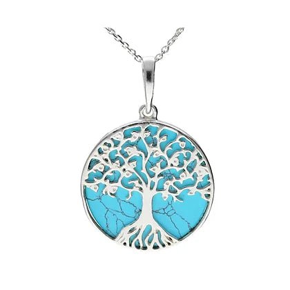 Sterling Silver Tree of Life Turquoise Medium Round Pendant - NiaYou Jewellery