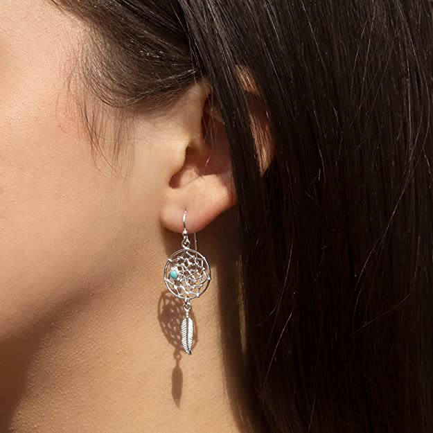 Sterling Silver Turquoise DreamCatcher Feather Drop Earrings - NiaYou Jewellery