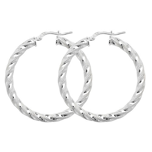 Sterling Silver Twist Diamond Cut Hoop Earrings 30 MM - NiaYou Jewellery