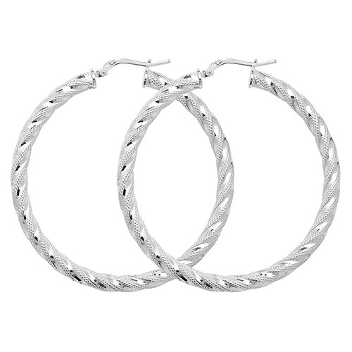 Sterling Silver Twist Diamond Cut Hoop Earrings 40 MM - NiaYou Jewellery