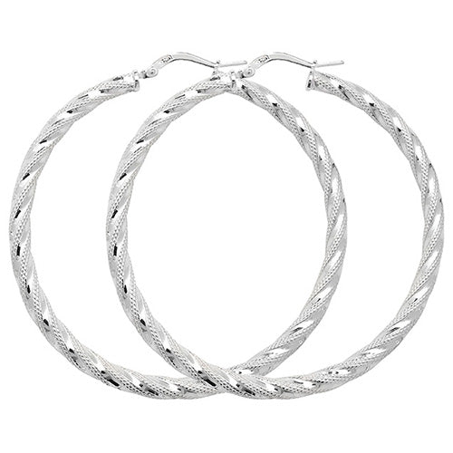 Sterling Silver Twist Diamond Cut Large Hoop Earrings 50 MM - NiaYou Jewellery