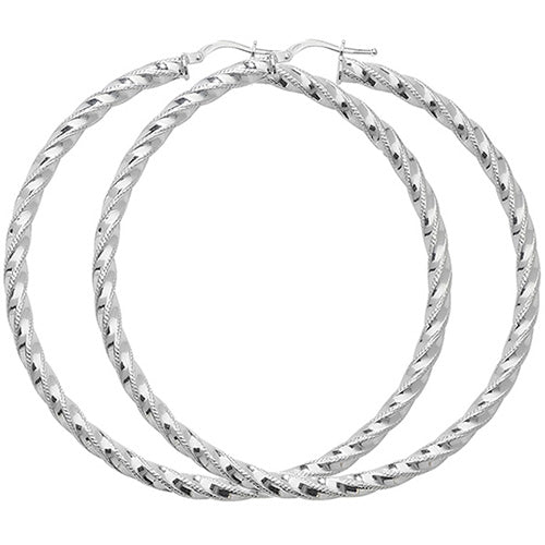 Sterling Silver Twist Diamond Cut Large Hoop Earrings 60 MM - NiaYou Jewellery