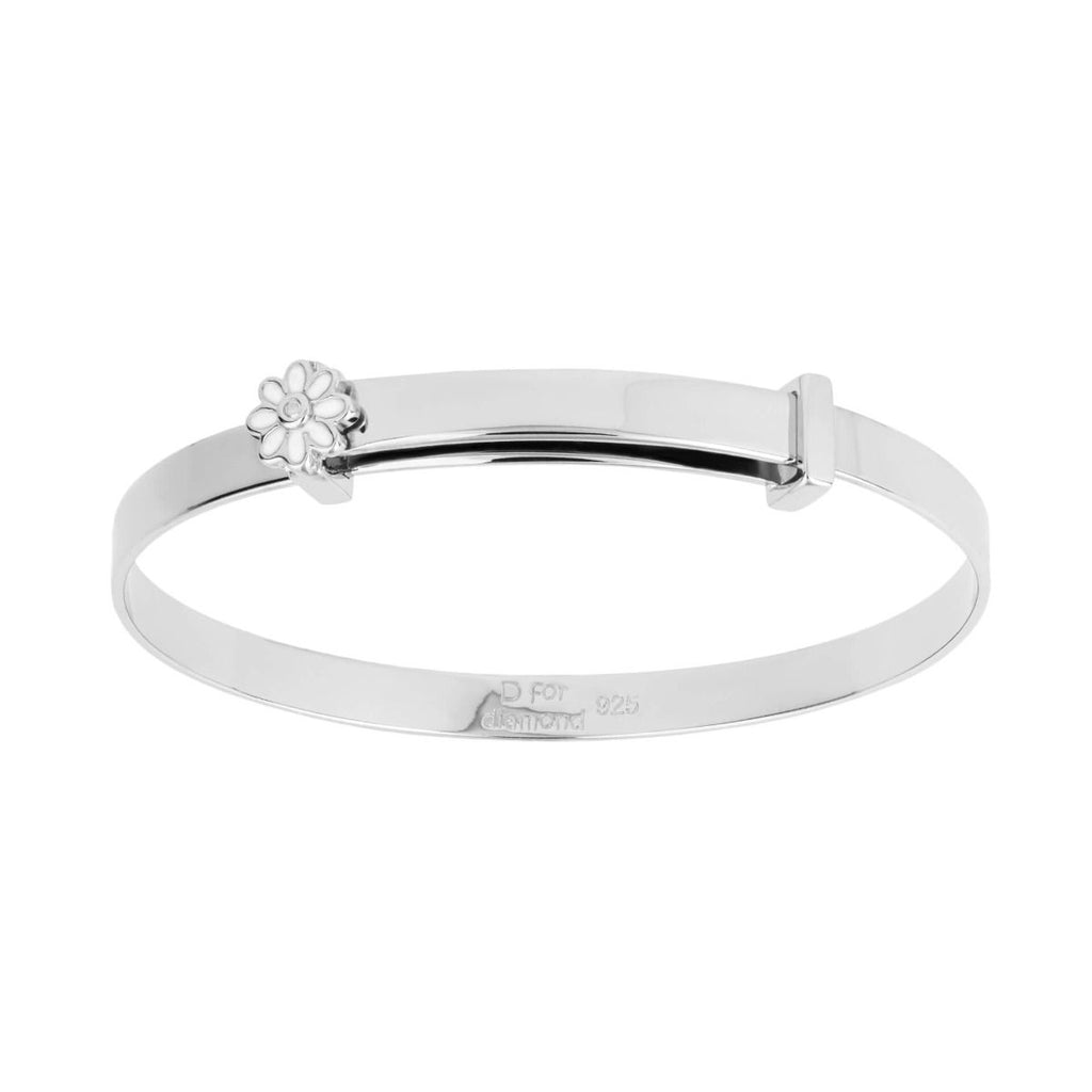 Sterling Silver White Enamel Daisy Baby Bangle With Diamond - Free Engraving - NiaYou Jewellery