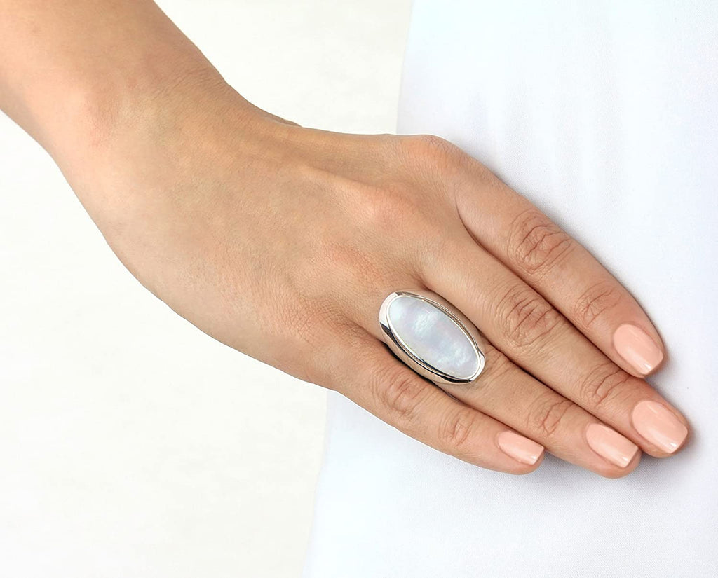Sterling Silver White Mother Of Pearl Oval Large Ring - NiaYou Jewellery