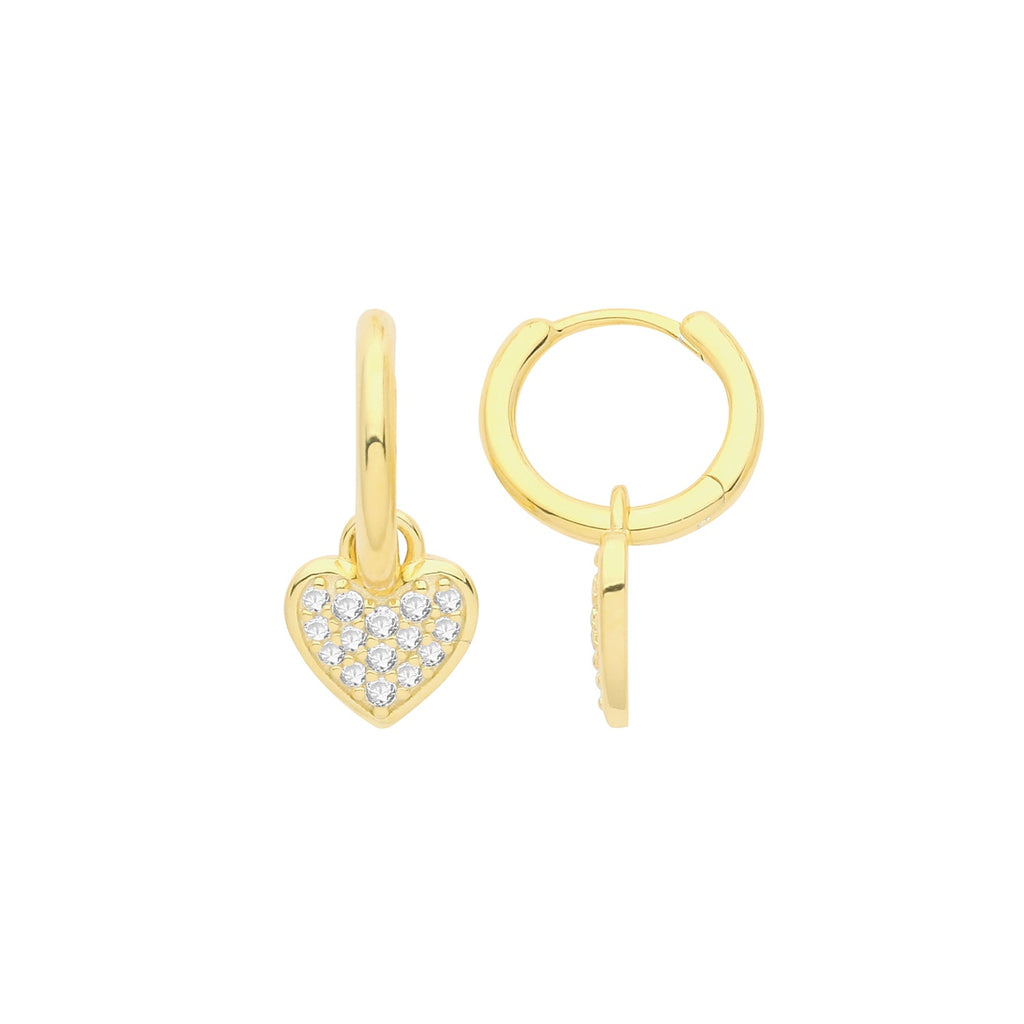 Sterling Silver Yellow Gold Huggie Hoop Earrings with Cz Heart Drop - NiaYou Jewellery