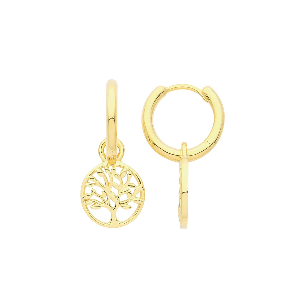 Sterling Silver Yellow Gold Huggie Hoop Earrings with Tree Of Life Drop - NiaYou Jewellery