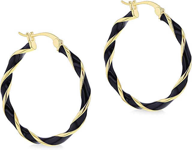 Sterling Silver Yellow Gold Plated Black Enamel Twist Hoop Earrings - NiaYou Jewellery