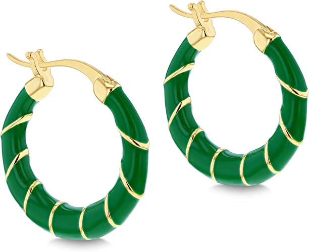 Sterling Silver Yellow Gold Plated Green Enamel Hoop Creole Earrings - NiaYou Jewellery