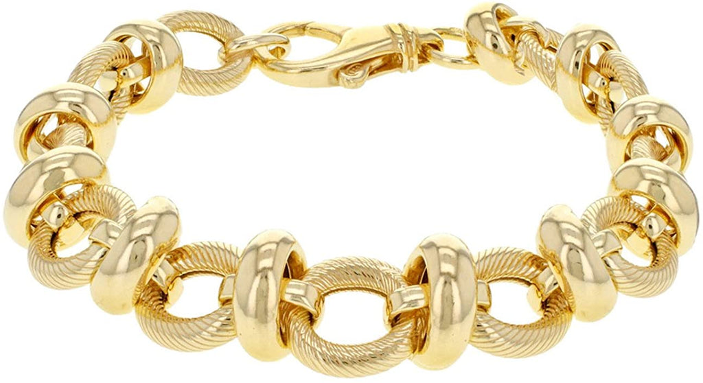 Sterling Silver Yellow Gold Plated Large Round Textured and Plain Links Bracelet 20 cm - NiaYou Jewellery