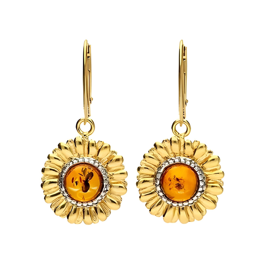 Sterling Silver Yellow Gold Plated Sunflower Amber Drop Earrings - NiaYou Jewellery