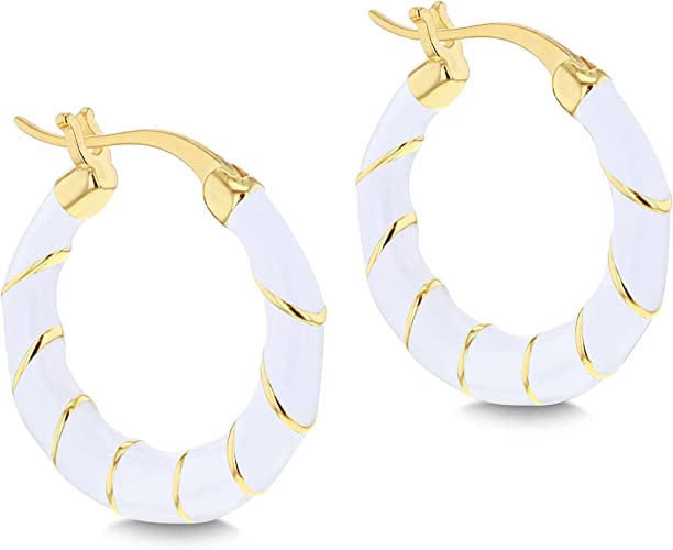 Sterling Silver Yellow Gold Plated White Enamel Hoop Creole Earrings - NiaYou Jewellery