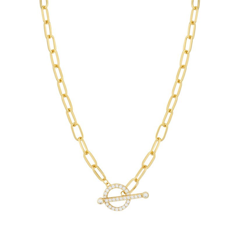 Sterling Silver Yellow Gold T-Bar Paperclip Chain Necklace with CZ Details - NiaYou Jewellery