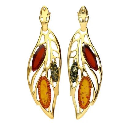 Sterling Silver Yellow Gold Three Colour Amber Leaf Drop Earrings - NiaYou Jewellery
