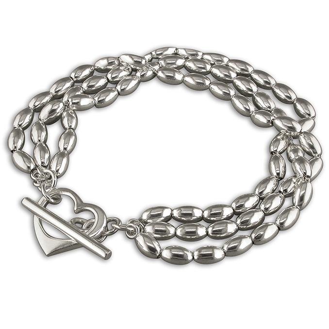 Sterliv Silver Heart T- Bar Bracelet with Three Row Oval Beads - NiaYou Jewellery